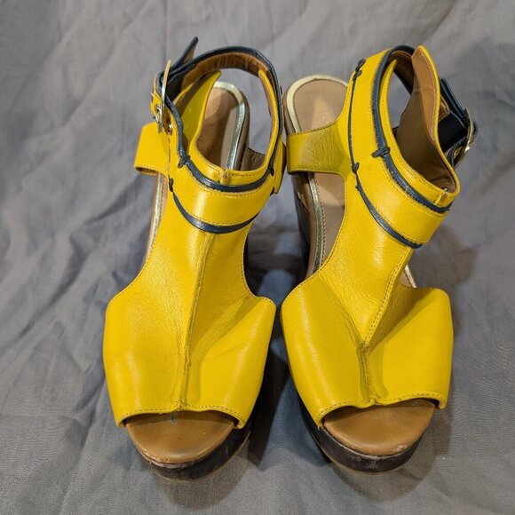Michael Domit Yellow Leather Wood Platform Wedge Sandals - Picture 1 of 10